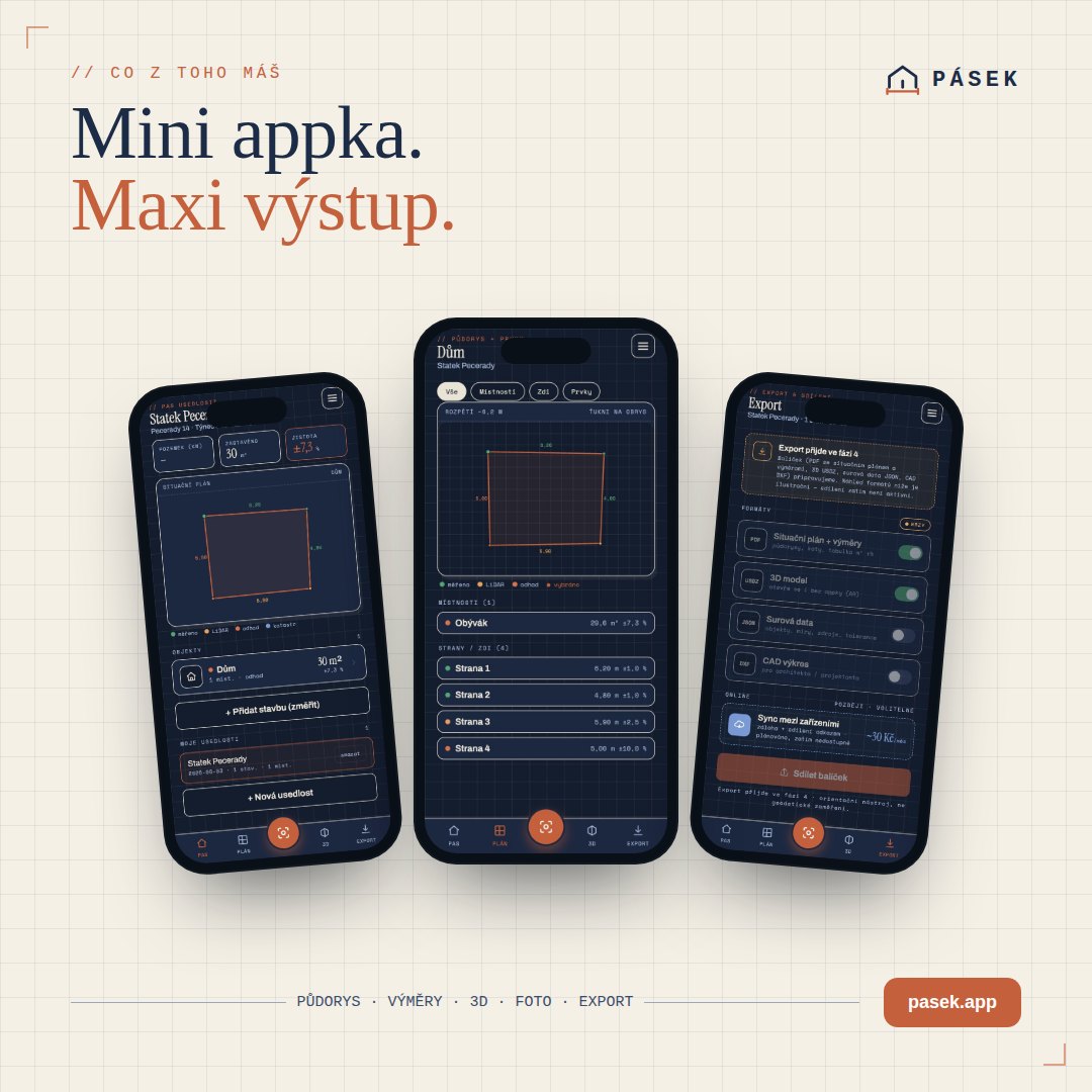 PÁSEK feed koláž — tři obrazovky appky na blueprintu, Mini appka maxi výstup