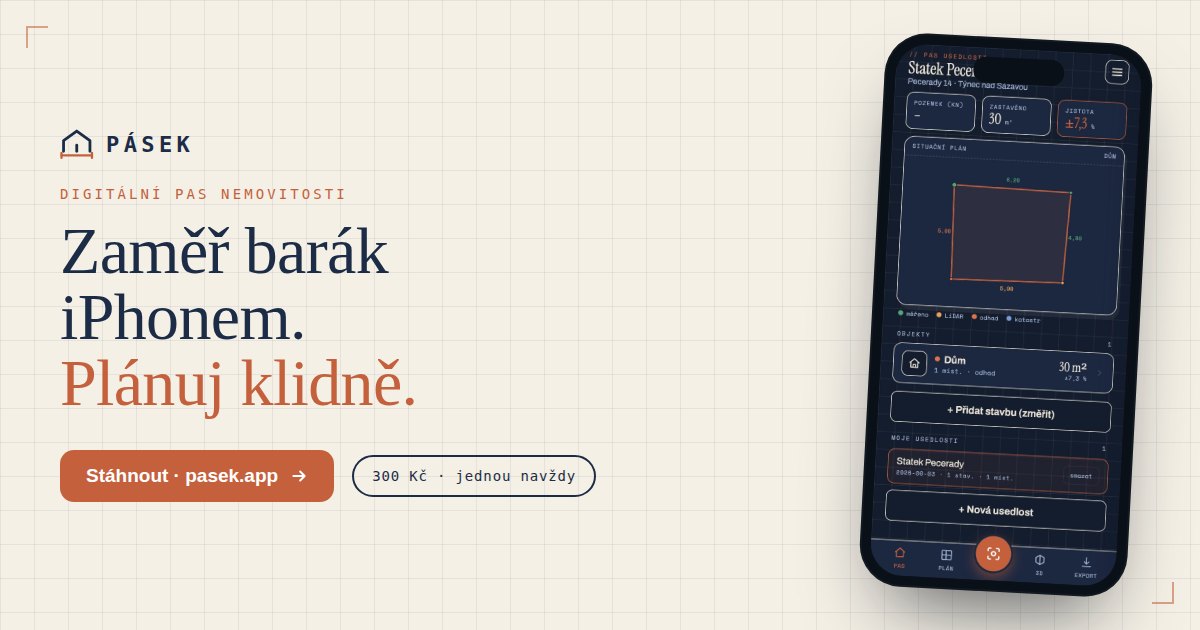 PÁSEK hero banner — Zaměř barák iPhonem, půdorys a cena 300 Kč